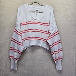 Aerie Beyond Cropped Striped Sweater Medium White Coral Cotton Scoop Neck Knit